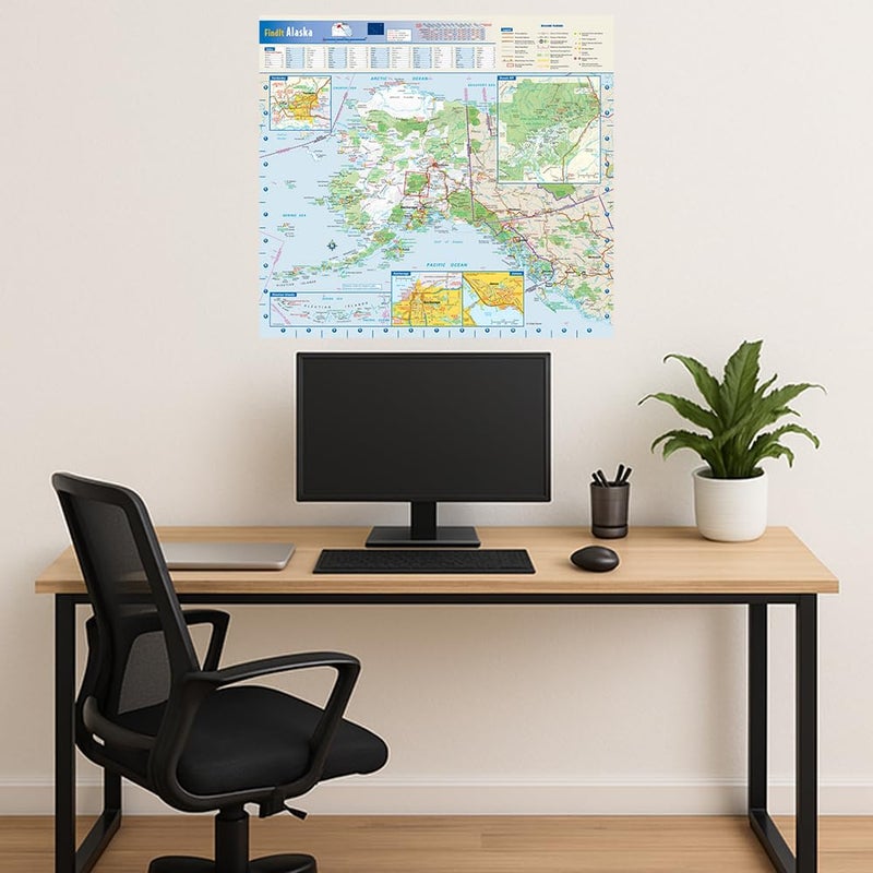 Globe Turner Alaska State Wall Map - 16.75" x 15.25" Laminated, Semi-Gloss, Street Map, Blue, Green, White, Yellow - Image 2